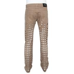 Versace Beige Denim Perforated Straight Leg Jeans L
