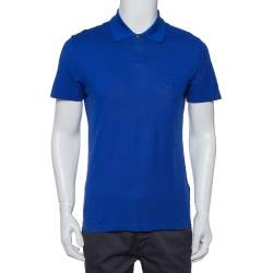 Pre Owned Versace Royal Blue Cotton Pique Button Front T-Shirt XS