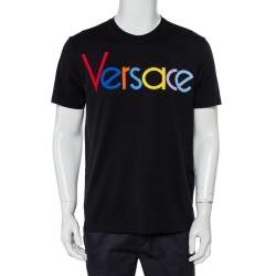 Pre Owned Versace Black Cotton Logo Embroidered Crewneck T-Shirt S