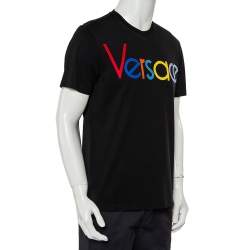Pre Owned Versace Black Cotton Logo Embroidered Crewneck T-Shirt S