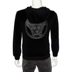 Pre Owned Versace Black Velvet Medusa Patch Detail Hooded Jacket L