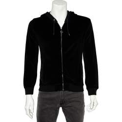 Pre Owned Versace Black Velvet Medusa Patch Detail Hooded Jacket L