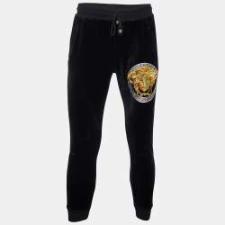 Versace Black Medussa Embroidered Velvet Joggers M
