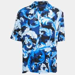  Versace Blue Barocco Print Silk Half Sleeve Americana Fit Shirt L