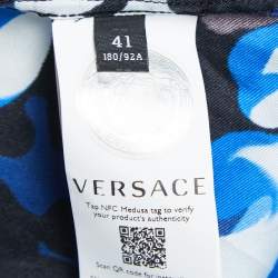  Versace Blue Barocco Print Silk Half Sleeve Americana Fit Shirt L