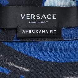  Versace Blue Barocco Print Silk Half Sleeve Americana Fit Shirt L