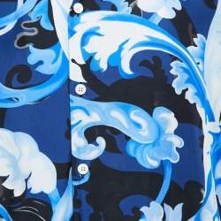  Versace Blue Barocco Print Silk Half Sleeve Americana Fit Shirt L