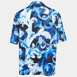  Versace Blue Barocco Print Silk Half Sleeve Americana Fit Shirt L