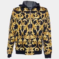 Pre Owned Versace Black baroque printed Cotton Knit Hooded Sweatshirt XL