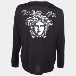 Versace Black Japanese Script Embroidered Cotton Knit Long Sleeve T-Shirt XL