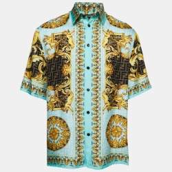 Pre Owned Fendace Blue/Multicolor Monogram Baroque Printed Silk Short Sleeve Shirt XL