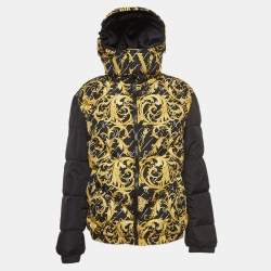 Pre Owned Versace Black/Yellow Baroque Print Nylon Reversible Puffer Jacket L