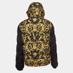 Pre Owned Versace Black/Yellow Baroque Print Nylon Reversible Puffer Jacket L