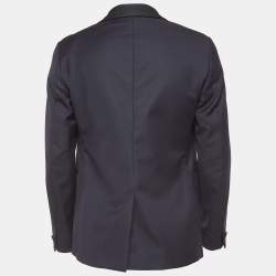 Versace Navy Blue Satin Trim Satin Wool Single Breasted Blazer L