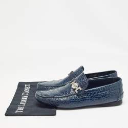 Pre Owned Versace Navy Blue Embossed Croc Medusa Buckle Loafers Size 42