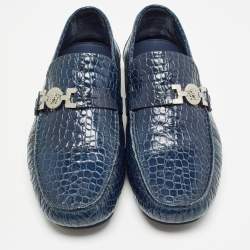 Pre Owned Versace Navy Blue Embossed Croc Medusa Buckle Loafers Size 42