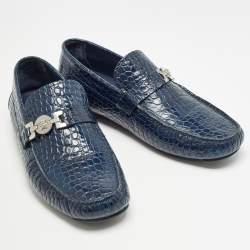 Pre Owned Versace Navy Blue Embossed Croc Medusa Buckle Loafers Size 42
