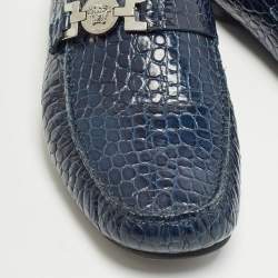 Pre Owned Versace Navy Blue Embossed Croc Medusa Buckle Loafers Size 42