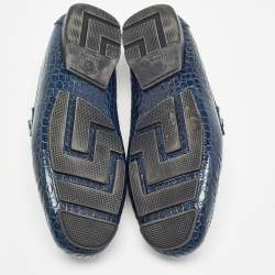 Pre Owned Versace Navy Blue Embossed Croc Medusa Buckle Loafers Size 42