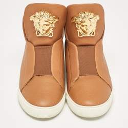Versace Brown Leather Palazzo Medusa High Top Sneakers Size 44