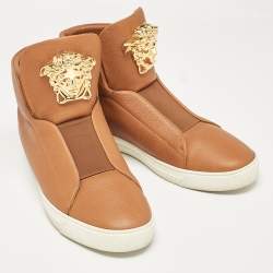 Versace Brown Leather Palazzo Medusa High Top Sneakers Size 44