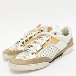 Versace White/Beige Leather and Suede Medusa Low Top Sneakers 43