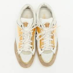 Versace White/Beige Leather and Suede Medusa Low Top Sneakers 43