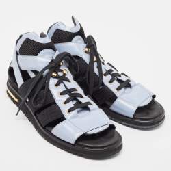 Versace Blue/Black Leather Lace Up Flat Sandals Size 42