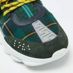 Versace Green Suede and Check Canvas Chain Reaction Sneakers Size 44