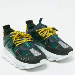 Versace Green Suede and Check Canvas Chain Reaction Sneakers Size 44