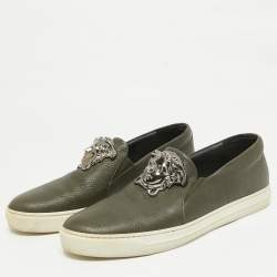 Versace Olive Green Leather  Medusa Slip On Sneakers Size 43