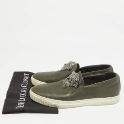 Versace Olive Green Leather  Medusa Slip On Sneakers Size 43