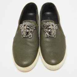 Versace Olive Green Leather  Medusa Slip On Sneakers Size 43