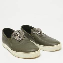 Versace Olive Green Leather  Medusa Slip On Sneakers Size 43
