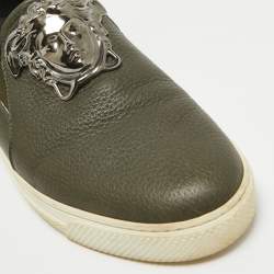 Versace Olive Green Leather  Medusa Slip On Sneakers Size 43