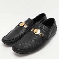 Pre Owned Versace Black Leather Medusa Detail Slip On Loafers Size 44