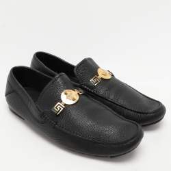 Pre Owned Versace Black Leather Medusa Detail Slip On Loafers Size 44