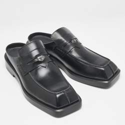 Versace Black Leather Squared Toe Loafer Mules Size 45
