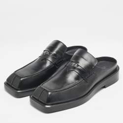 Versace Black Leather Squared Toe Loafer Mules Size 45
