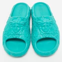 Versace Turquoise Blue Baroque Medusa Embossed Rubber Pool Slides Size 46