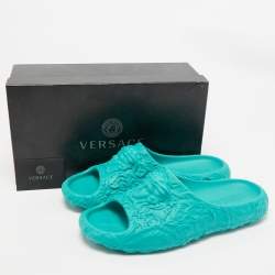 Versace Turquoise Blue Baroque Medusa Embossed Rubber Pool Slides Size 46