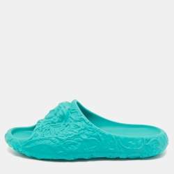 Versace Turquoise Blue Baroque Medusa Embossed Rubber Pool Slides Size 46