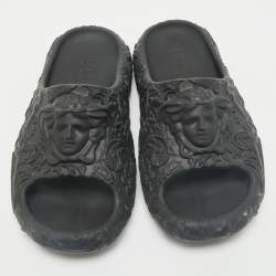 Versace Black Baroque Embossed Rubber Pool Slide Flats Size 42
