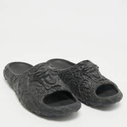 Versace Black Baroque Embossed Rubber Pool Slide Flats Size 42
