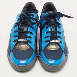 Pre Owned Versace Blue/Navy Blue Leather and Patent Medusa Low Top Sneakers Size 41