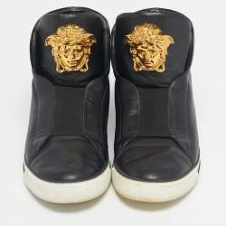 Pre Owned Versace Black Leather Palazzo Slip On Sneakers Size 46