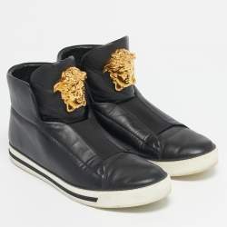 Pre Owned Versace Black Leather Palazzo Slip On Sneakers Size 46