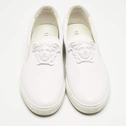 Pre Owned Versace White Leather Palazzo Medusa Slip On Sneakers Size 43