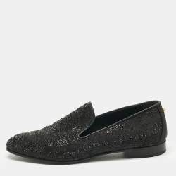 Pre Owned Versace Black Crystals and Satin Medusa Logo Smoking Slippers Size 42