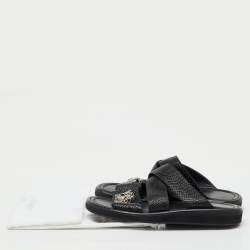 Pre Owned Versace Black Leather Medusa Detail Flat Slide Sandals Size 43